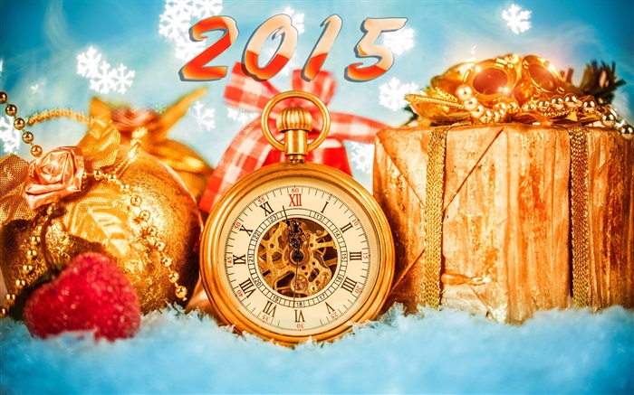 2015 새해, 시계 및 선물 배경 화면 그림