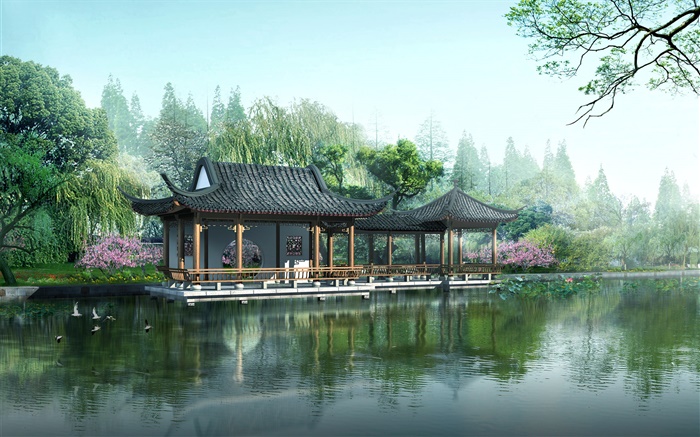 3D 설계, 정원, 전망대, 호수, 연꽃 배경 화면 그림
