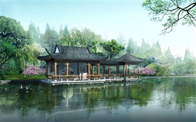 3D 설계, 정원, 전망대, 호수, 연꽃 HD 배경 화면