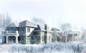 3D 디자인, 집, 겨울, 눈