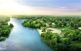 3D 디자인, 강, 공원, 나무, 새 HD 배경 화면