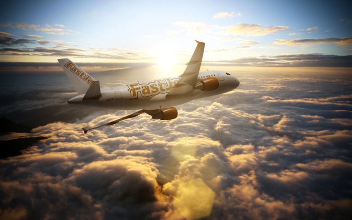 에어 버스 A300 항공기, 하늘, 구름, 태양 광선 배경 화면 그림