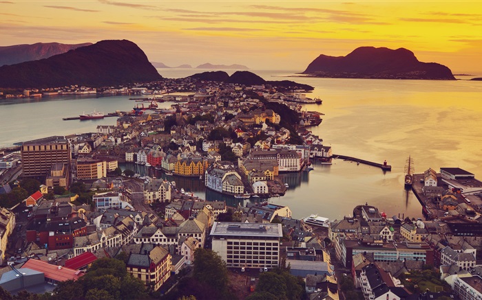 올레 순, 노르웨이, 도시, 주택, 일몰, 해안 배경 화면 그림