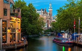 암스테르담, 네덜란드, 도시, 주택, 강 HD 배경 화면