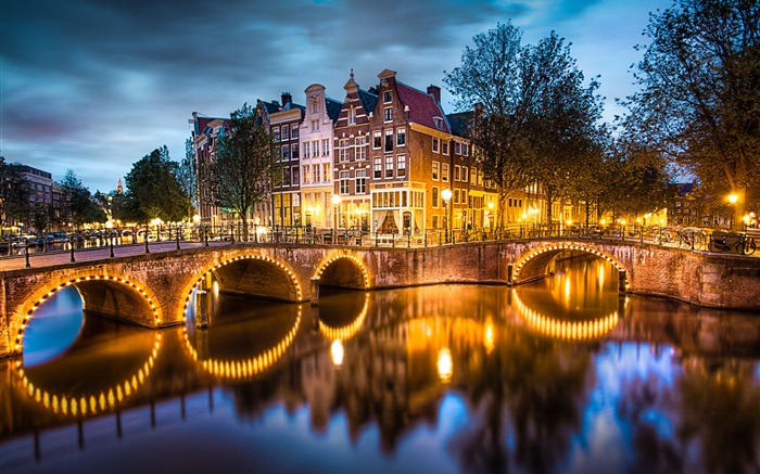 암스테르담, 네덜란드, 밤, 조명, 강, 다리, 집 배경 화면 그림