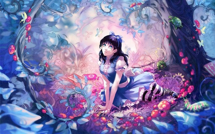 요정 숲에서 애니메이션 소녀 배경 화면 그림
