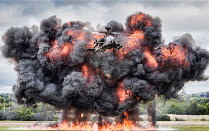 아파치 헬기 AH-64, 싸움, 폭발 배경 화면 그림