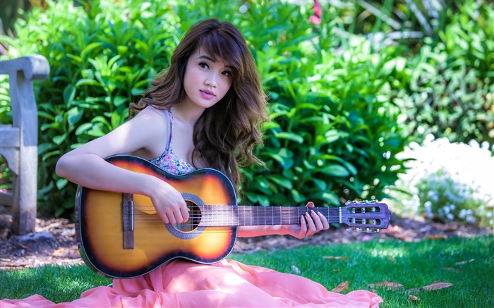 아시아 음악 소녀, 기타 배경 화면 그림
