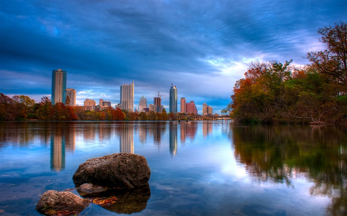 오스틴, 텍사스, 미국, 호수, 건물, 푸른 하늘 배경 화면 그림