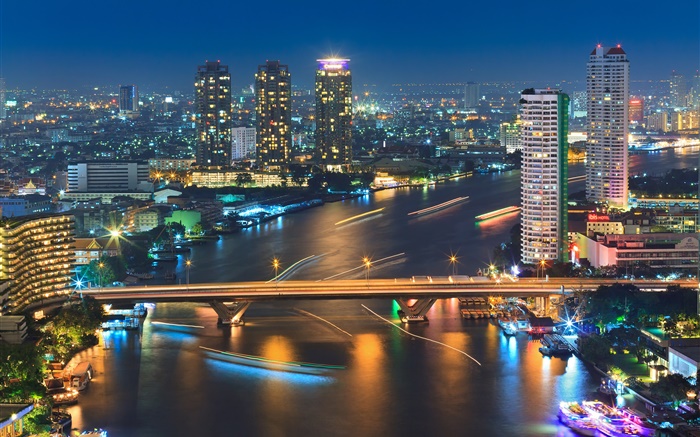 방콕, 태국, 건물, 강, 다리, 밤, 조명 배경 화면 그림