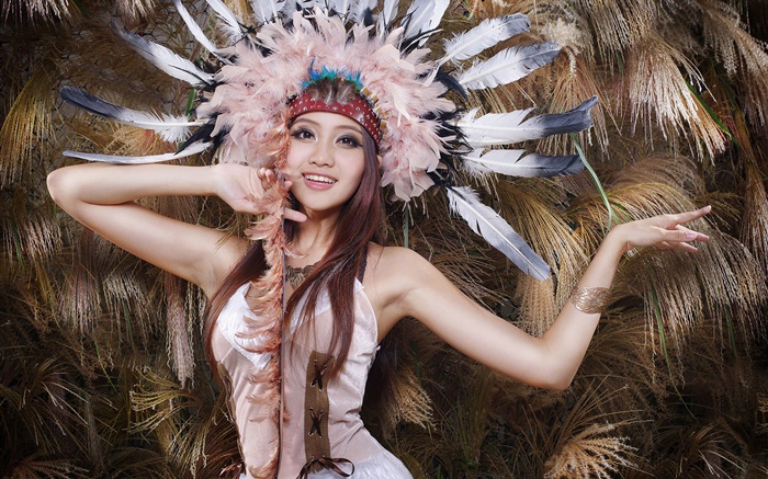 아름 다운 아시아 여자, 깃털 모자 배경 화면 그림