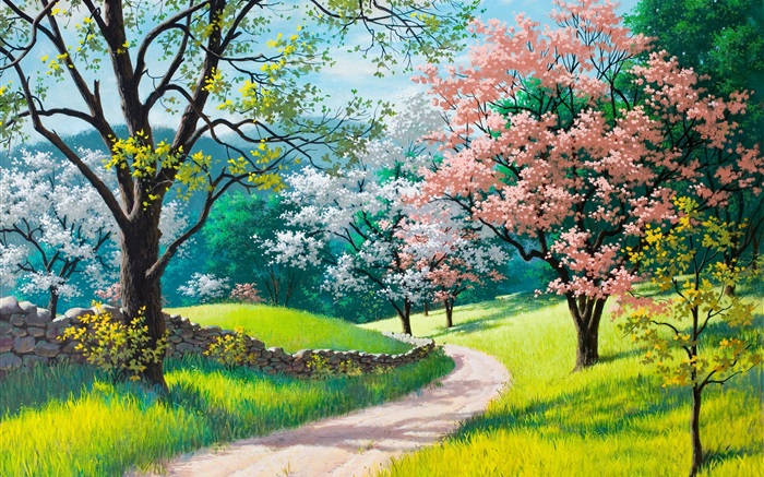 아름다운 그림, 봄, 도로, 나무, 잔디, 꽃 배경 화면 그림