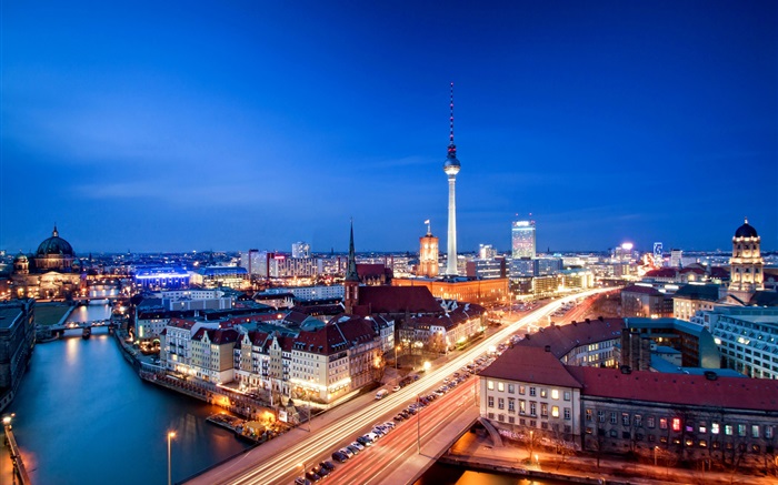 베를린, 독일, 알렉산더, 저녁, 건물, 조명 배경 화면 그림