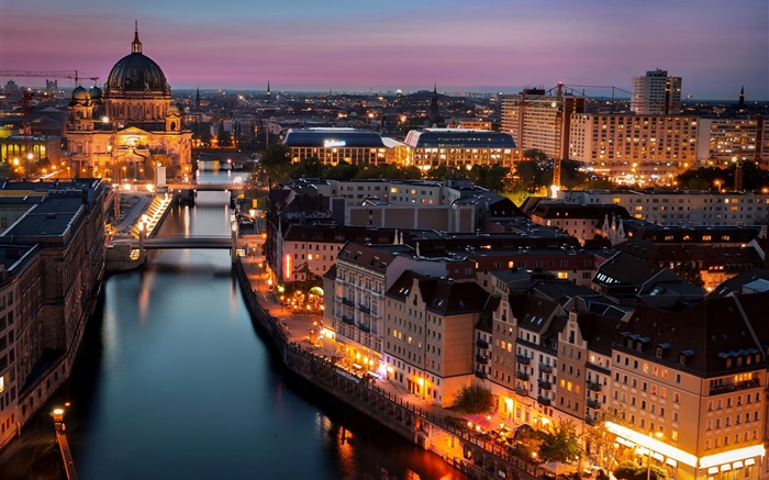 베를린, 독일, 밤 도시, 조명, 주택, 강 배경 화면 그림