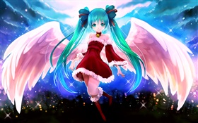 파란 머리 애니메이션 소녀, 천사, 날개 HD 배경 화면
