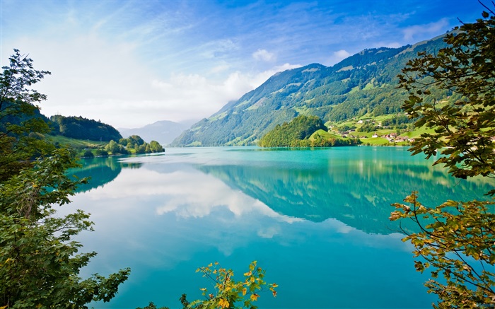 푸른 호수 물, 산, 녹색 배경 화면 그림