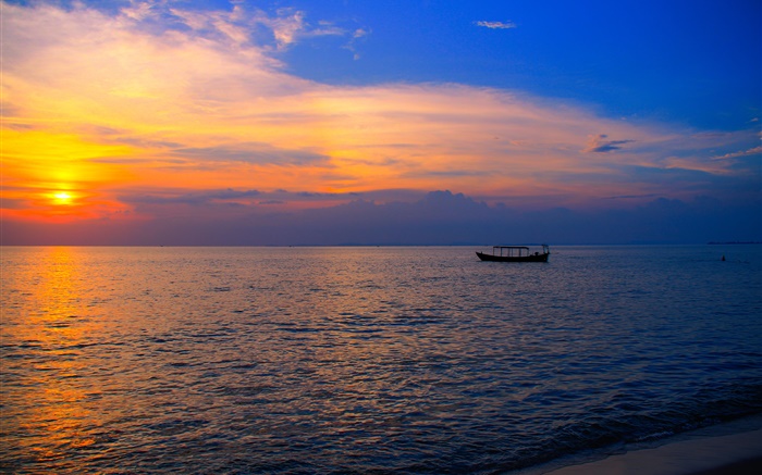 캄보디아, 아시아, 해변, 바다, 보트, 일몰 배경 화면 그림