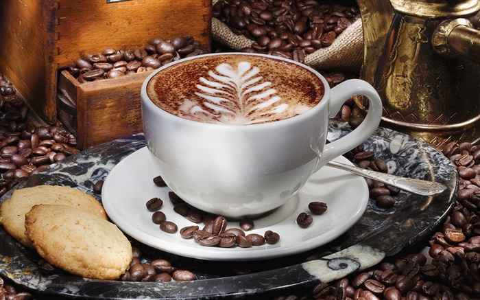 카푸치노 커피, 컵, 접시, 비스킷 배경 화면 그림