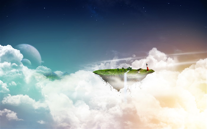 크리 에이 티브 이미지, 공중 떠있는 섬, 구름 배경 화면 그림