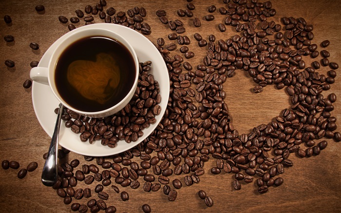 커피, 커피 콩의 컵, 하트 모양의 사랑 배경 화면 그림