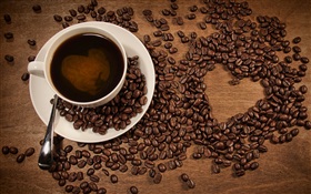 커피, 커피 콩의 컵, 하트 모양의 사랑 HD 배경 화면