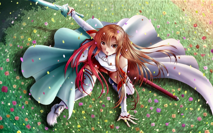 댄스 애니메이션 소녀, 칼, 정원 배경 화면 그림
