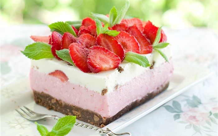 맛있는 디저트, 딸기 케이크 배경 화면 그림