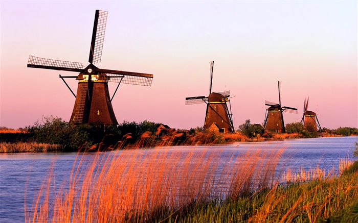 네덜란드 풍경, 풍차, 강, 저녁 배경 화면 그림