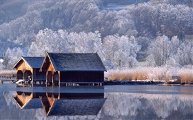 하우스, 강, 나무, 겨울, 독일 HD 배경 화면