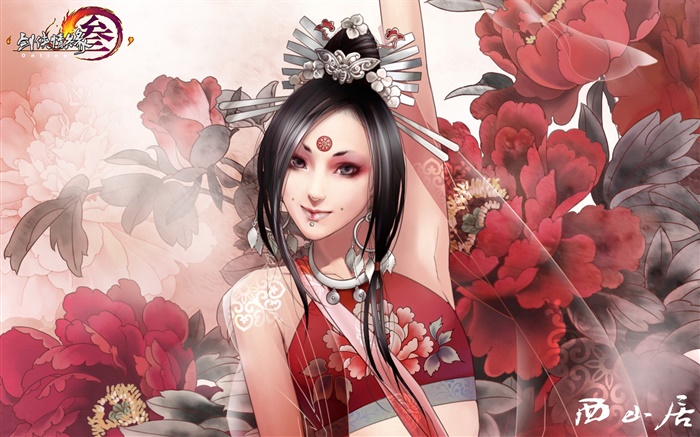 JX 세 온라인 버전, 소녀, 꽃 배경 화면 그림