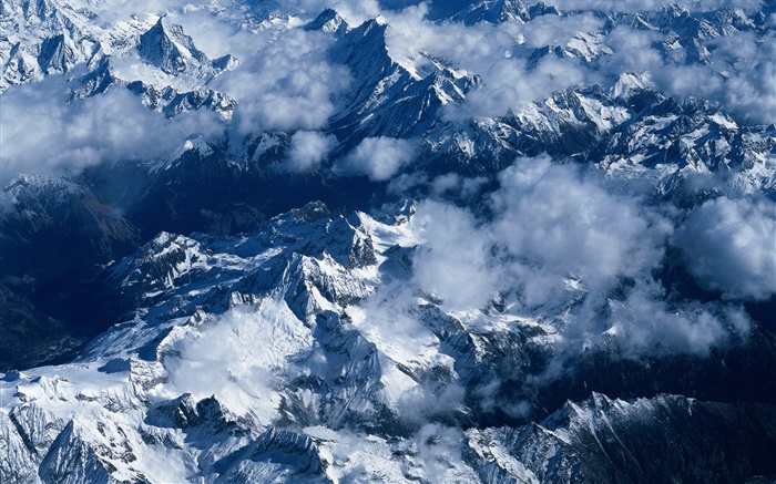 산, 눈, 구름, 중국어 풍경 배경 화면 그림