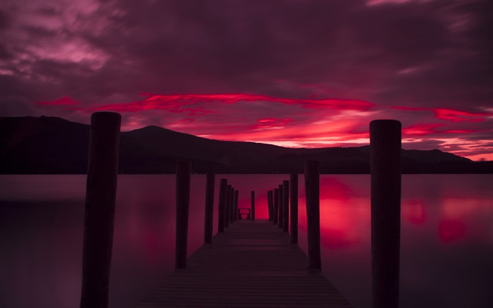 부두, 일몰, 호수, 붉은 하늘 배경 화면 그림