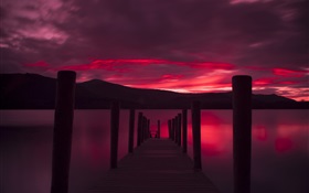 부두, 일몰, 호수, 붉은 하늘 HD 배경 화면