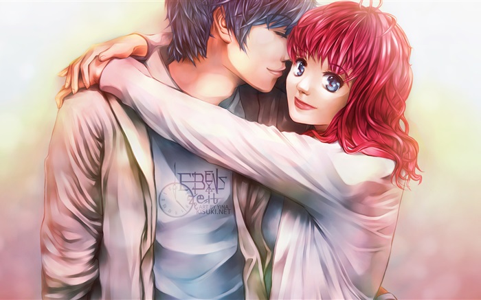 그녀의 남자 친구와 함께 빨간 머리 애니메이션 소녀 배경 화면 그림