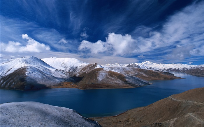 강, 산, 푸른 하늘, 중국 배경 화면 그림
