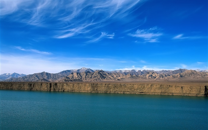 강, 산, 푸른 하늘, 절벽, 중국 풍경 배경 화면 그림
