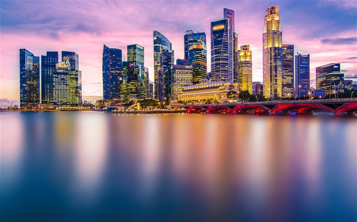 싱가포르, 도시의 밤, 조명, 고층 빌딩, 베이 배경 화면 그림
