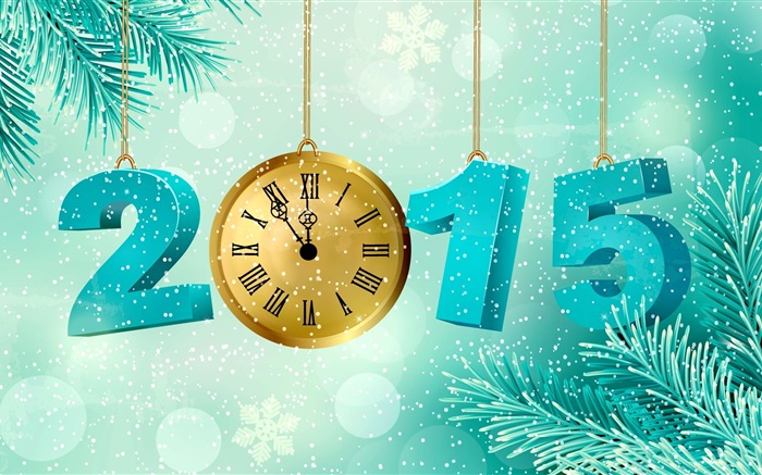눈송이, 시계, 소나무 나뭇 가지 2015 년 새해 배경 화면 그림
