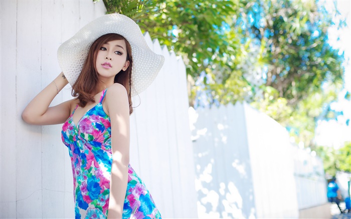 여름 푸른 스커트 아시아 여자 배경 화면 그림