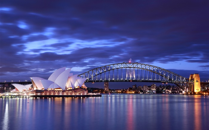 시드니 오페라 하우스, 호주, 밤, 다리, 조명, 바다, 푸른 배경 화면 그림