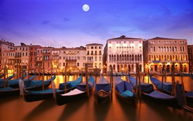 베네치아 밤, 배, 집, 강, 조명, 달 HD 배경 화면
