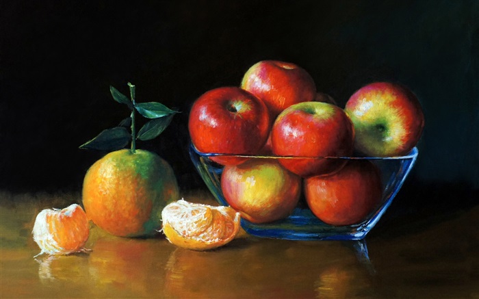수채화 그림, 사과, 오렌지 배경 화면 그림