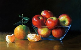 수채화 그림, 사과, 오렌지 HD 배경 화면