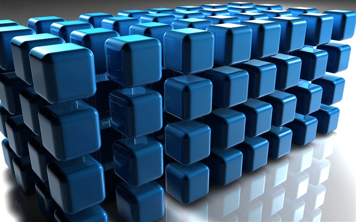 3D 블루 큐브, 바닥 반사 배경 화면 그림