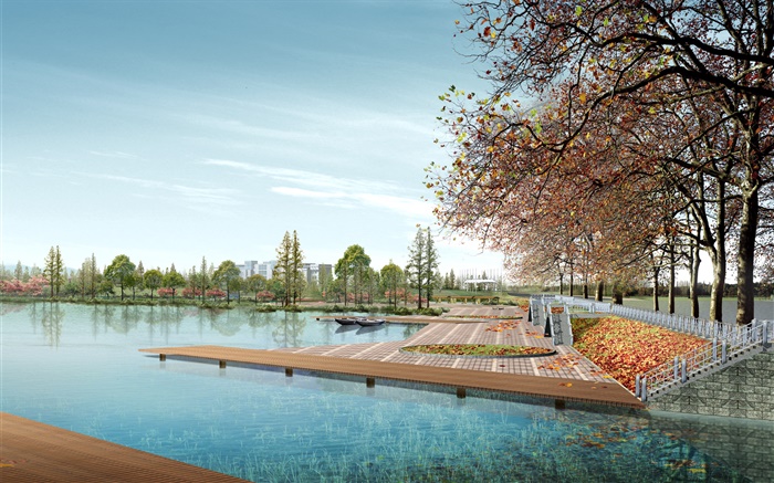 3D 디자인, 도시 공원, 나무, 호수 배경 화면 그림