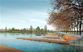 3D 디자인, 도시 공원, 나무, 호수 HD 배경 화면