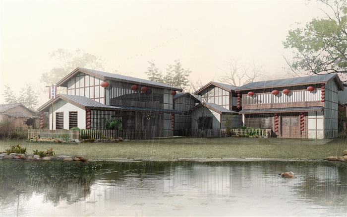 3D 설계, 비, 연못, 집 배경 화면 그림