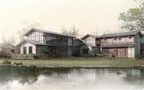 3D 설계, 비, 연못, 집
