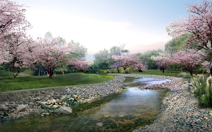 3D 디자인, 봄 공원, 만개, 개울 꽃 배경 화면 그림