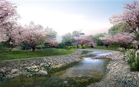 3D 디자인, 봄 공원, 만개, 개울 꽃 HD 배경 화면
